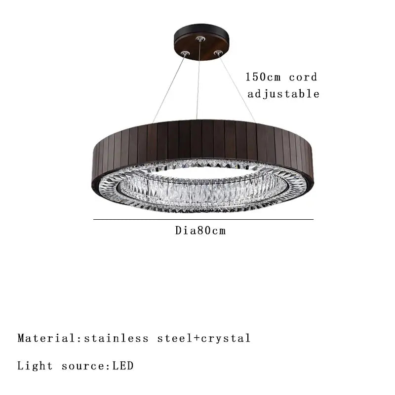 Modern gray glass large ceiling pendant light with dark wood slat frame and inner crystal ring for stairwell lobby