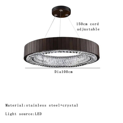 Modern pendant light with gray glass large design, dark wood stainless steel frame, and faceted crystal for stairwell lobby
