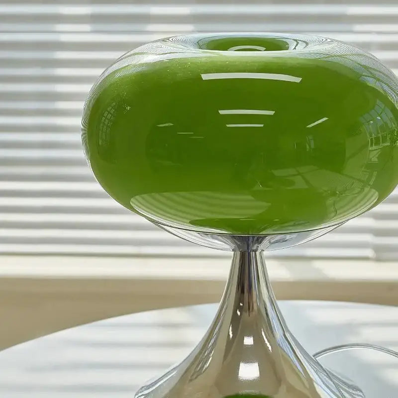 Vintage green and cream glass table lamp with vibrant green glossy glass and sleek chrome base for bedroom decorbites cream glass
