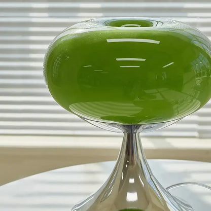 Vintage green and cream glass table lamp with vibrant green glossy glass and sleek chrome base for bedroom decorbites cream glass