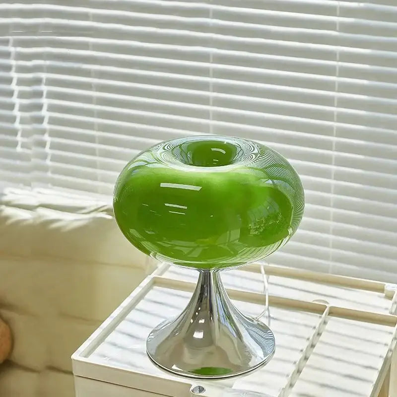 Vintage green and cream glass table lamp with vibrant green glass and sleek chrome base for bedroom decorbites cream glass