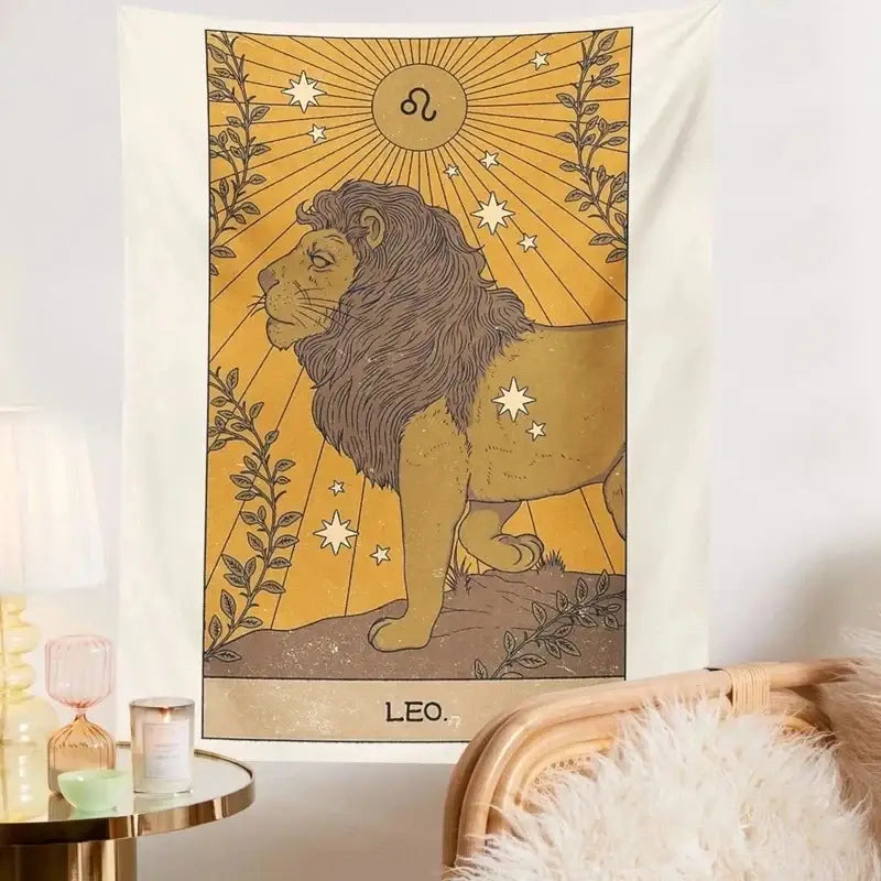 A golden-yellow leo zodiac tapestry with detailed lion, stars, and sunburst rays framed by vines, decorbites constellation tarot decor