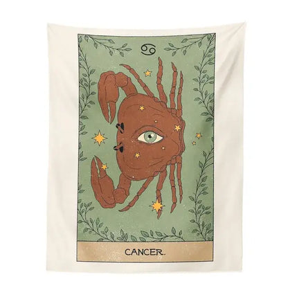 Beige wall tapestry featuring a cancer zodiac crab with gold stars and leafy vines on olive green background decorbites constellation tarot