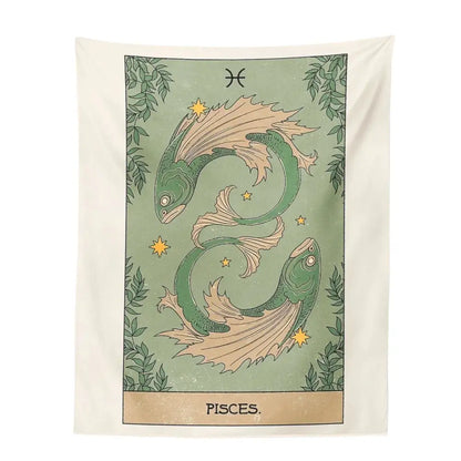 Vintage green and beige pisces constellation tarot tapestry featuring two intertwined fish for decorbites constellation tarot decor