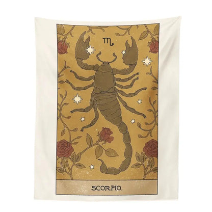 Beige wall tapestry with scorpio zodiac illustration in earthy brown on aged gold background for decorbites constellation tarot decor
