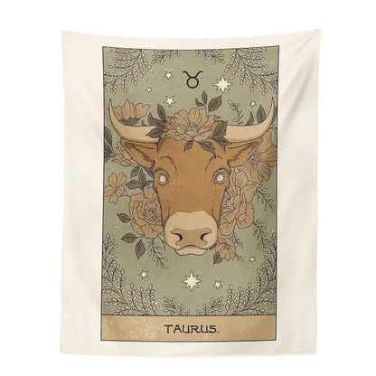 Vintage green and beige taurus constellation tarot tapestry with floral bull design for decorbites constellation tarot decor