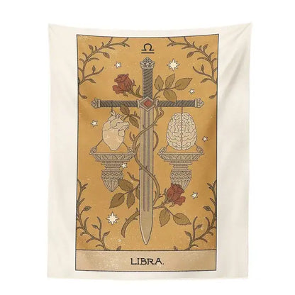 Beige tapestry with detailed libra tarot card illustration in gold brown tones for decorbites constellation tarot decor