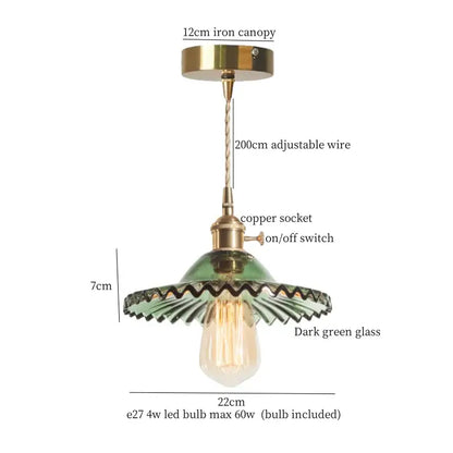 Dark green brass glass led pendant light with brass-finished iron canopy and copper socket for kitchen use