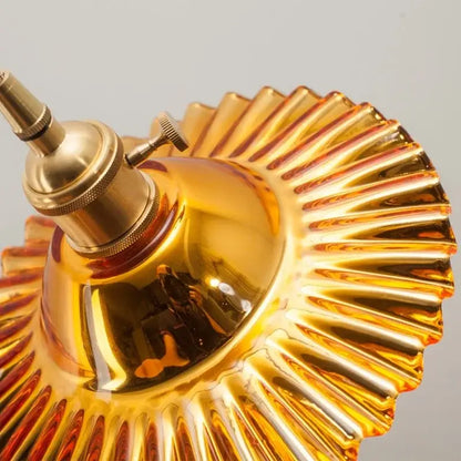 Vintage green brass glass led pendant light with golden fluted glass lampshade and brass-finished metal fixture for kitchen
