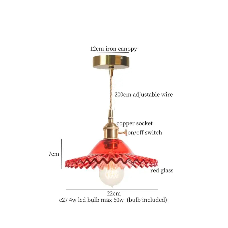 Red glass pendant light with brass iron canopy and copper socket complements vintage green brass glass led designs