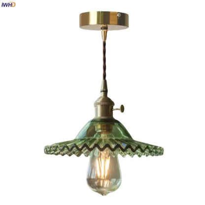 Vintage green brass glass led pendant light with brass fixture and twisted cord featuring ornate scalloped shade