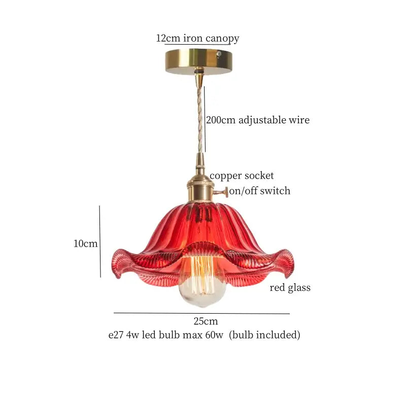 Vibrant red hand-blown glass pendant light with fluted design and brass glass led hardware for kitchen use