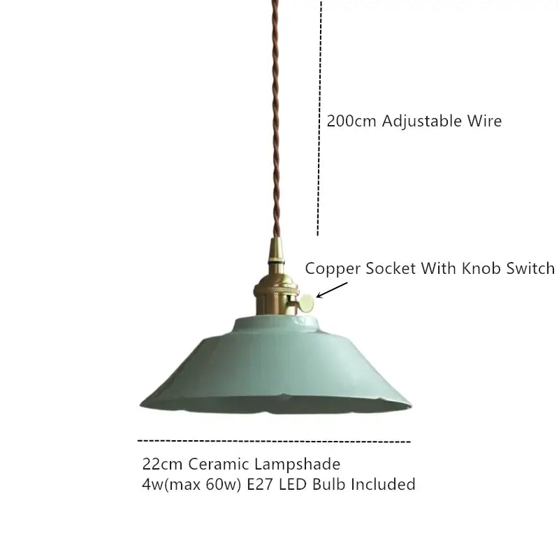 Vintage green ceramic pendant light with matte sage green ceramic shade and brass copper socket hanging kitchen lamp