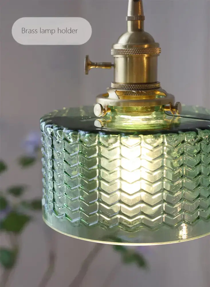 Vintage green and clear glass shade chandelier with brass holder and textured chevron pattern for dining room pendant