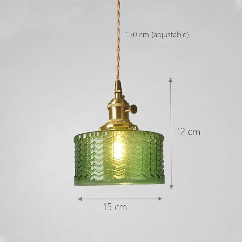 Vintage green and clear glass shade chandelier with brass fixture and chevron pattern for dining room pendant lighting