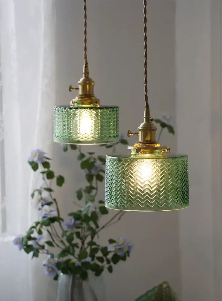 Vintage green and clear glass shade chandelier with textured chevron glass shades and brass fixtures for dining room ceiling