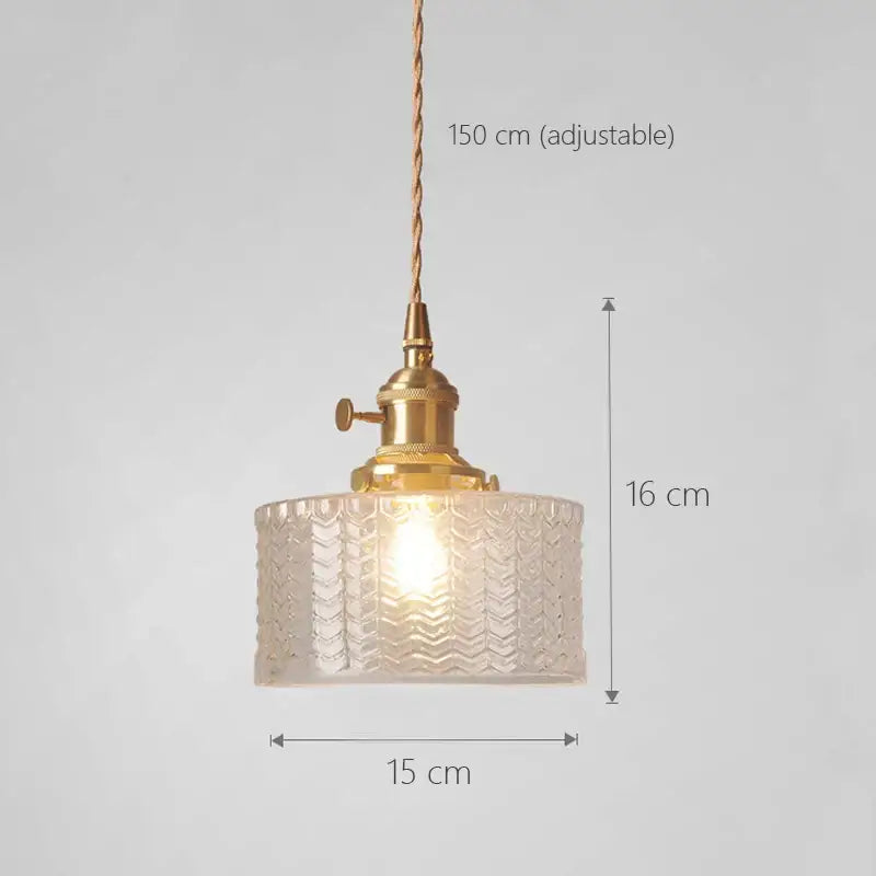 Vintage green and clear glass shade chandelier with chevron textured glass and brass fixture for dining room pendant lighting