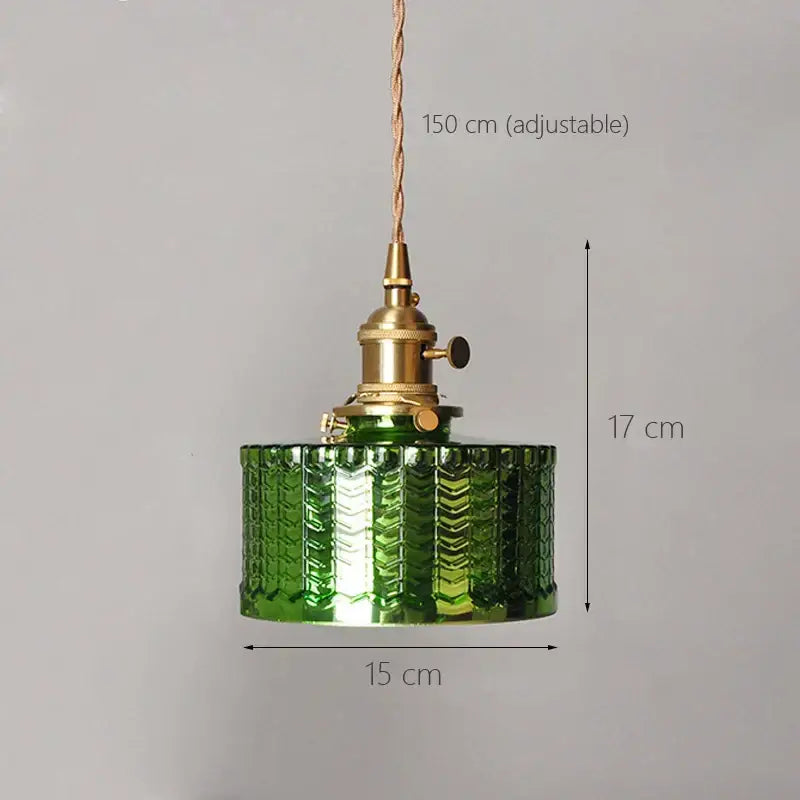 Vintage green and clear glass shade chandelier with brass hardware featuring a textured glass shade chandelier ceiling lamp