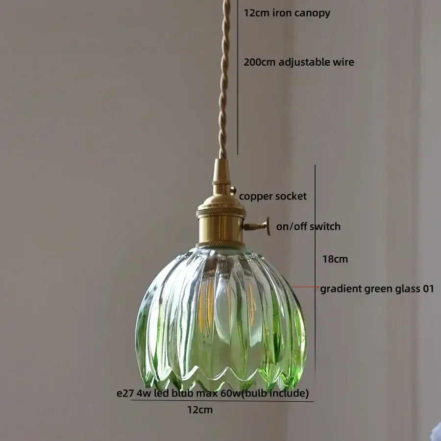Vintage green led pendant light with 12cm ribbed gradient glass and brass copper socket for kitchen use
