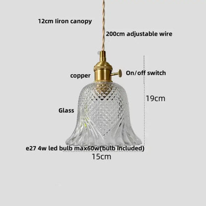 Clear intricately cut glass bell-shaped pendant light with brass copper fixture and adjustable wire for led pendant light use