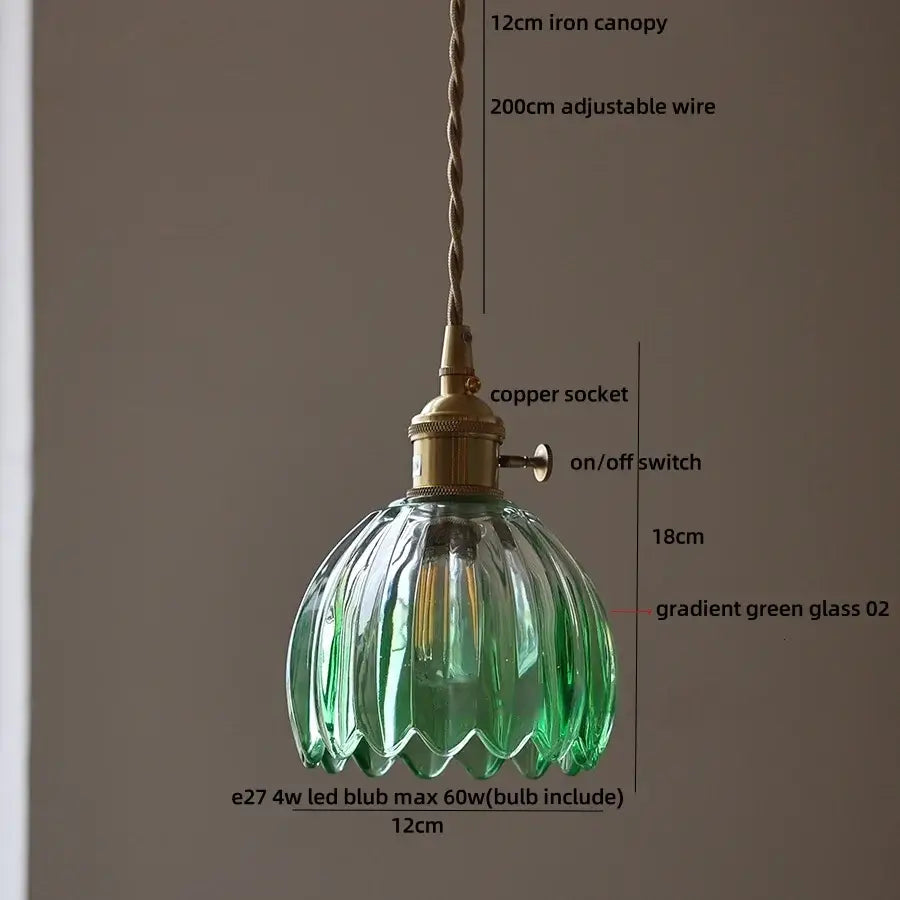 Vintage green glass led pendant light with copper socket and twisted iron canopy is a stylish kitchen brass fixture