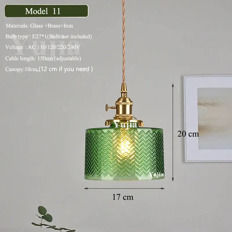 Vintage green glass pendant light with ruffled petal design brass fixture and adjustable braided cord for dining room