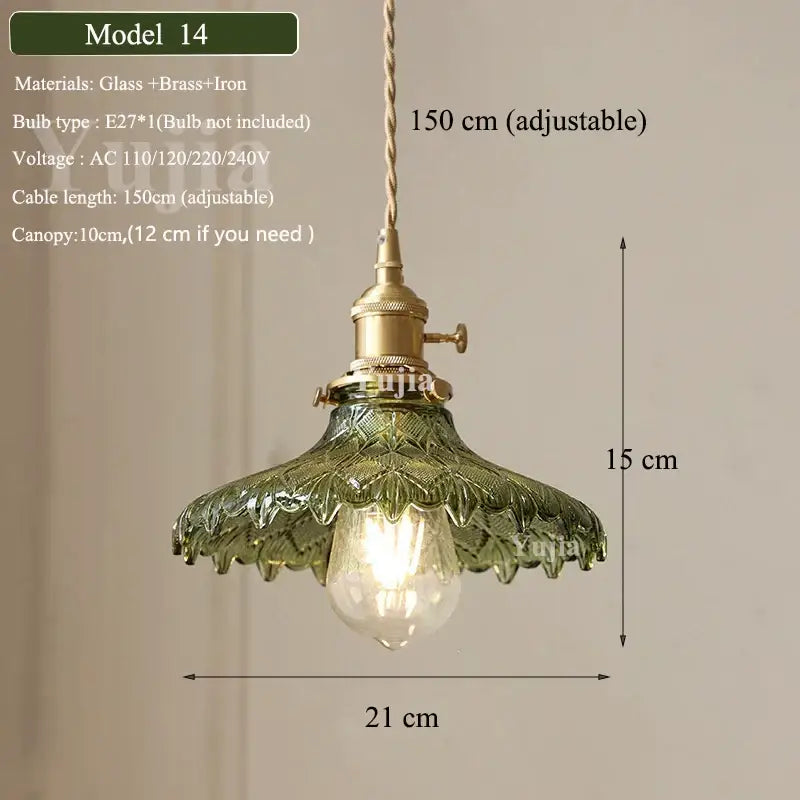 Vintage green glass pendant light with ruffled petal design brass accents and adjustable 150cm cable for dining room