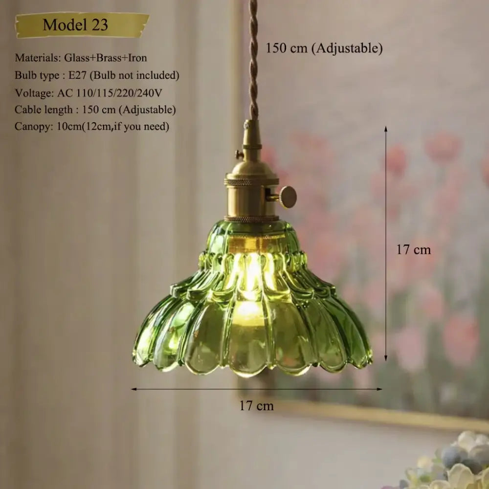 Vintage green glass pendant light with ruffled petal design brass fixture and adjustable 150 cm cable for dining room