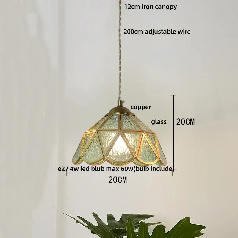 Vintage green glass pendant light with copper frame and wood beads for dining room decorbites blue glass led style