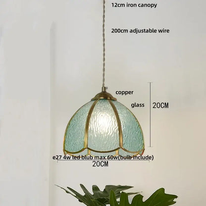 Vintage green glass pendant light with pale blue textured glass shade and copper accents for dining room decorbites blue glass