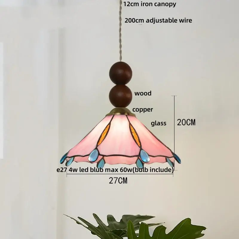 Vintage green glass pendant light with wood beads and a delicate pink stained glass floral design for dining room decorbites blue glass