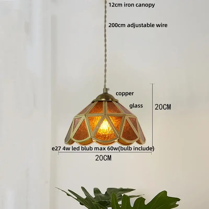 Vintage amber-tinted stained glass pendant light with copper frame and adjustable wire for dining room decorbites blue glass