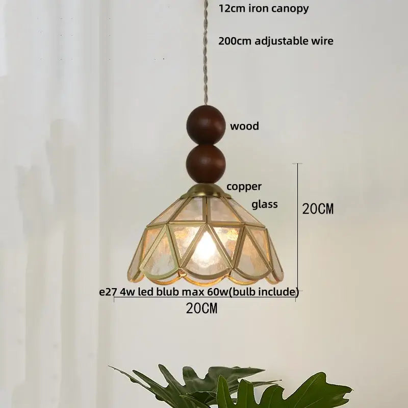Vintage pendant light with copper stained glass amber shade and wood beads for dining room decorbites blue glass led