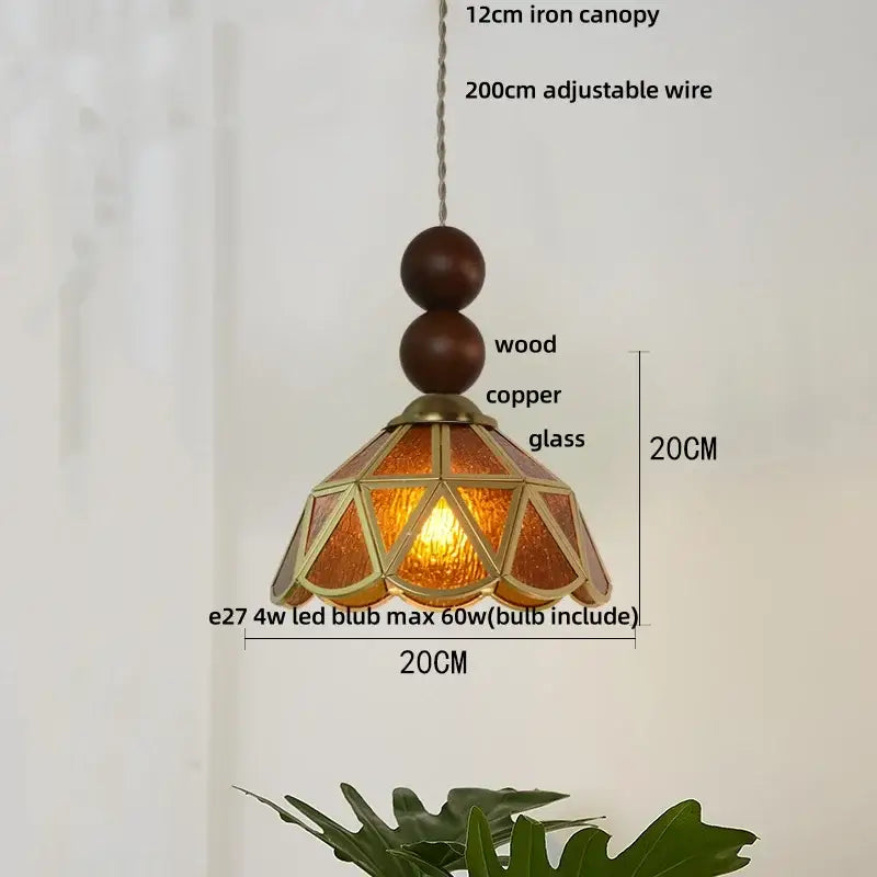 Vintage amber stained glass pendant light with copper frame and wood beads for dining room decorbites blue glass led