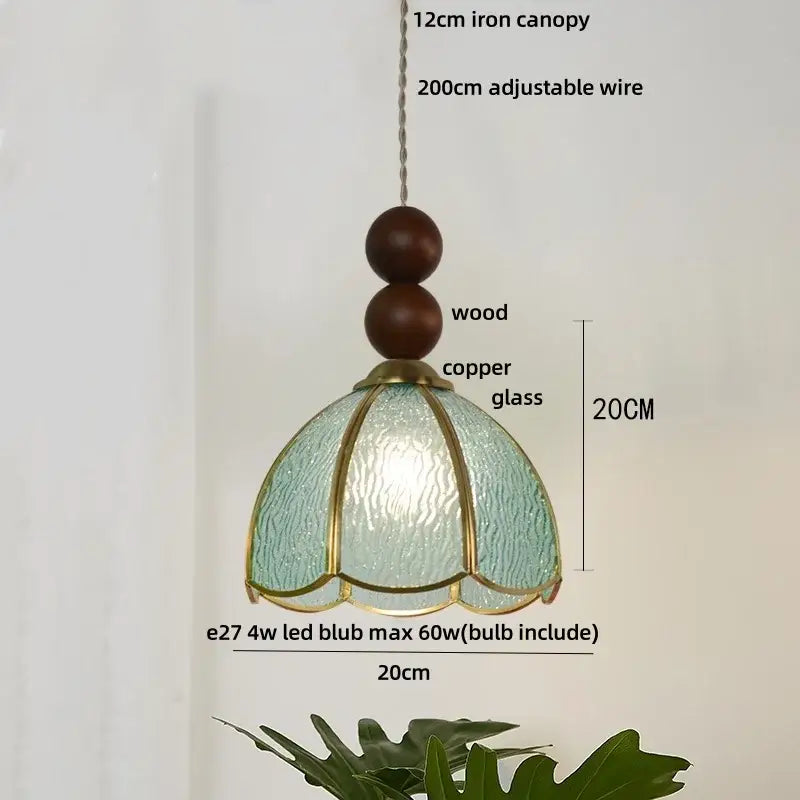 Vintage green glass pendant light with textured pale blue copper shade gold trim and wood beads for dining room decorbites blue glass
