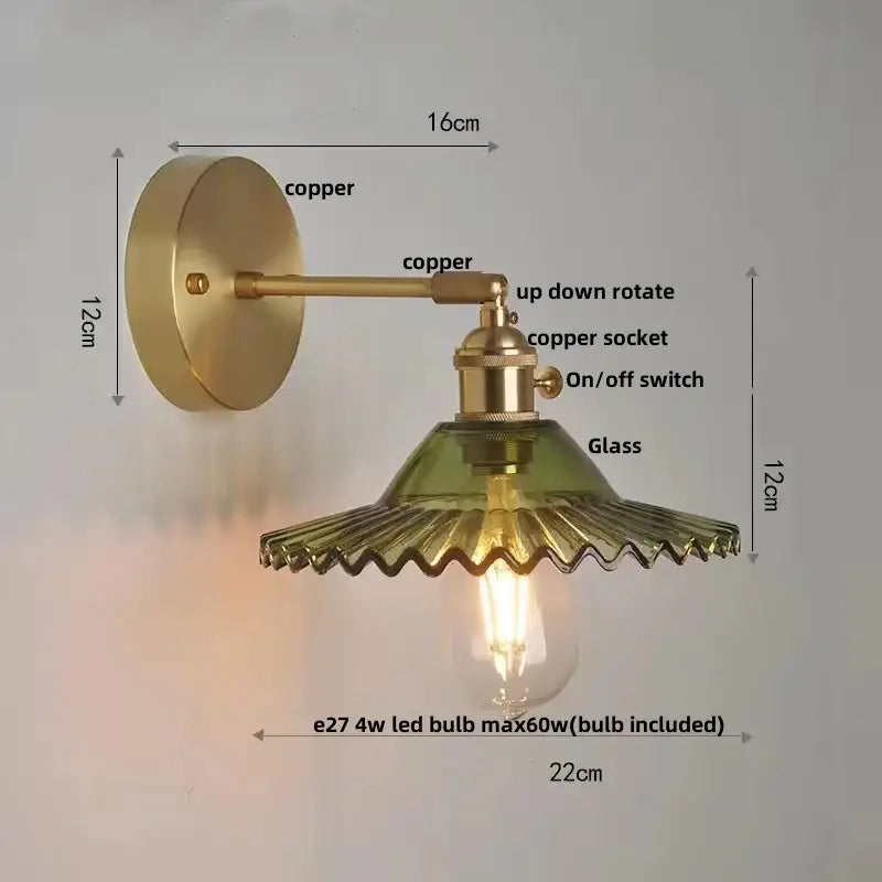 Vintage green glass wall light with brass copper finish and scalloped shade featuring a pull chain switch wall light