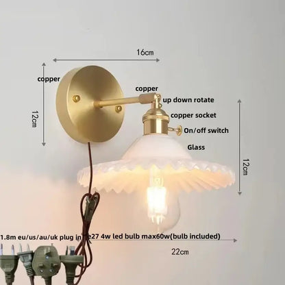 Vintage green glass wall light with brass finish fluted shade and pull chain switch for bedroom sconce wall light