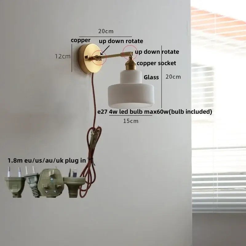 Copper wall lamp with white glass shade and adjustable arm for vintage green loft led bedroom loft led wall use