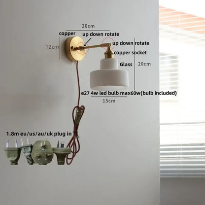 Copper wall lamp with white glass shade and adjustable arm for vintage green loft led bedroom loft led wall use