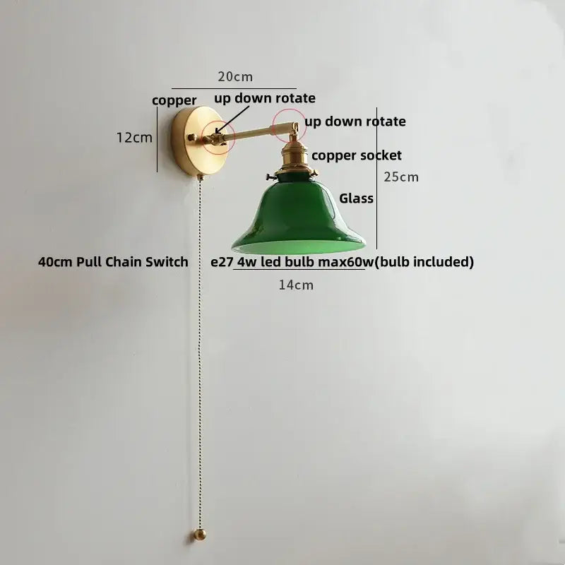 Vintage green loft led wall lamp glass sconce with copper hardware and pull chain switch for bedroom lighting
