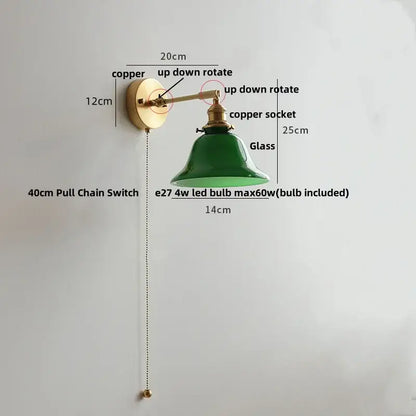 Vintage green loft led wall lamp glass sconce with copper hardware and pull chain switch for bedroom lighting