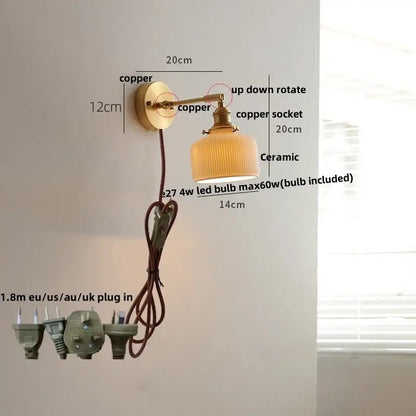Copper wall lamp with ribbed ceramic lampshade and adjustable arm for vintage green loft led bedroom sconce with pull chain