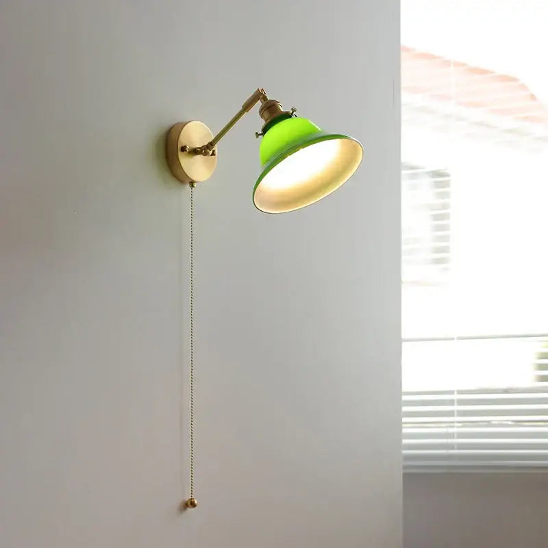 Vintage green loft led wall lamp with brass hardware glass sconce and pull chain switch for bedroom lighting