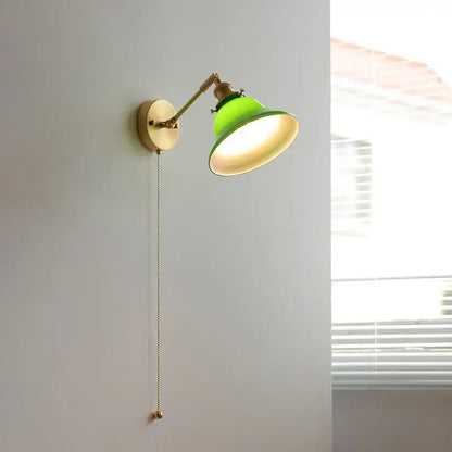 Vintage green loft led wall lamp with brass hardware glass sconce and pull chain switch for bedroom lighting