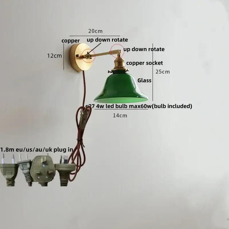 Vintage green loft led wall lamp bedroom glass sconce with bell-shaped shade copper finish and international plugs