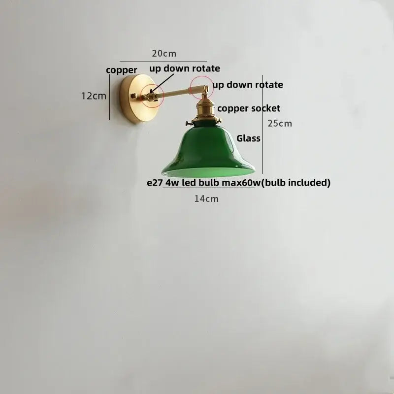 Vintage green loft led wall lamp featuring a green glass bell-shaped sconce with copper finish arm and pull chain