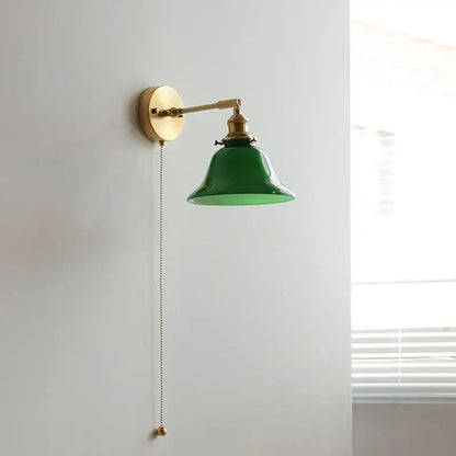 Vintage green loft led wall lamp with brass-finished arm and glossy emerald glass shade for bedroom sconce lighting