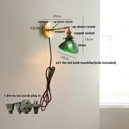 Copper wall lamp with adjustable arm and green ribbed glass shade vintage green loft led bedroom sconce with pull chain