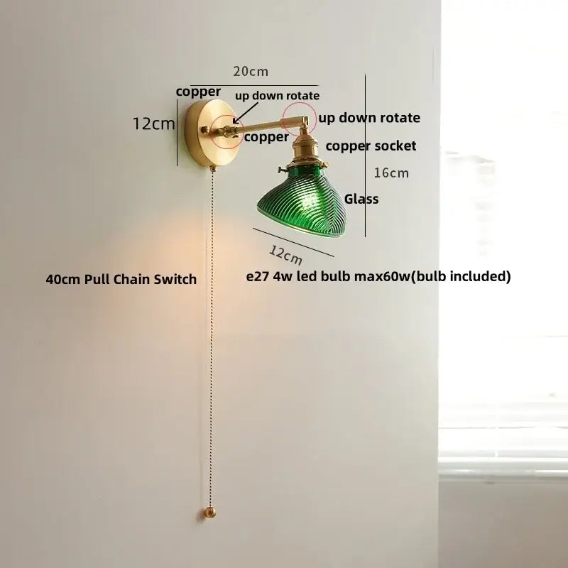 Vintage green loft led wall lamp with glass shade copper finish and pull chain switch for bedroom sconce lighting