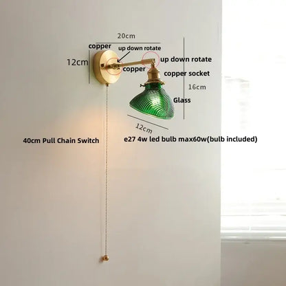 Vintage green loft led wall lamp with glass shade copper finish and pull chain switch for bedroom sconce lighting